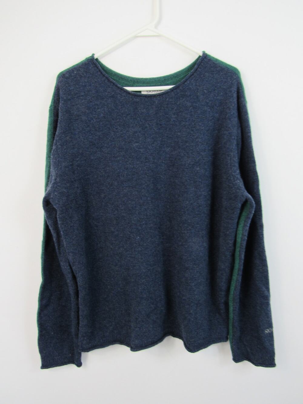 Skhoop Large The 50/50 Sweater Navy Blue Green Lambswool Crewneck Reversible
